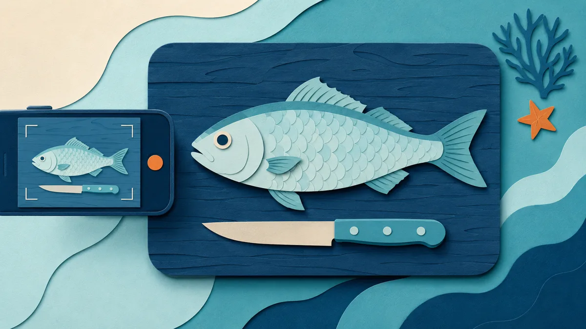 Illustrazione papercut di un telefono che fotografa un pesce disteso su una superficie piana accanto a un coltello che fa da riferimento di scala