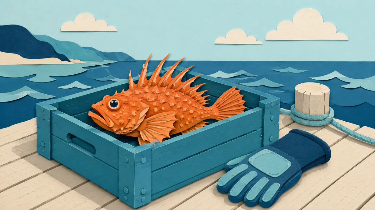Illustrazione papercut di una cassetta da pesca sul pontile con dentro un pesce alieno, e una mano con il guanto protettivo accanto