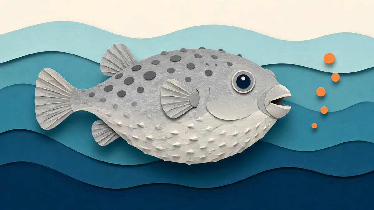 Illustrazione papercut di un grosso pesce palla maculato dal dorso grigio argenteo con macchie scure, visto di profilo