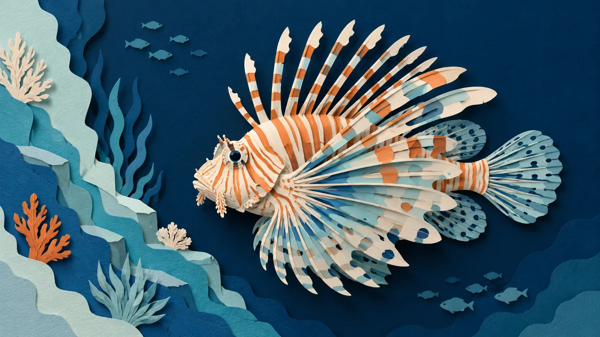 Illustrazione papercut di un pesce scorpione con le pinne aperte a ventaglio e le spine dorsali in evidenza, su fondale roccioso