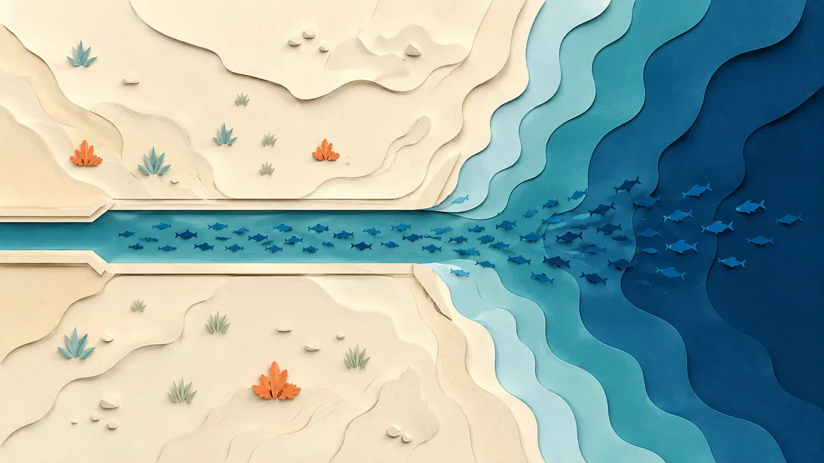 Illustrazione papercut di uno stretto canale marittimo visto dall'alto, con una scia di pesci che risale verso un mare aperto