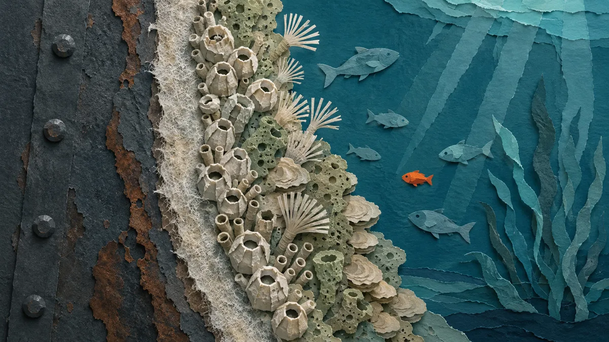 Illustrazione papercut a strati di una superficie di scafo d'acciaio colonizzata: prima una pellicola chiara di biofilm, poi balani, vermi tubicoli e spugne, infine qualche piccolo pesce