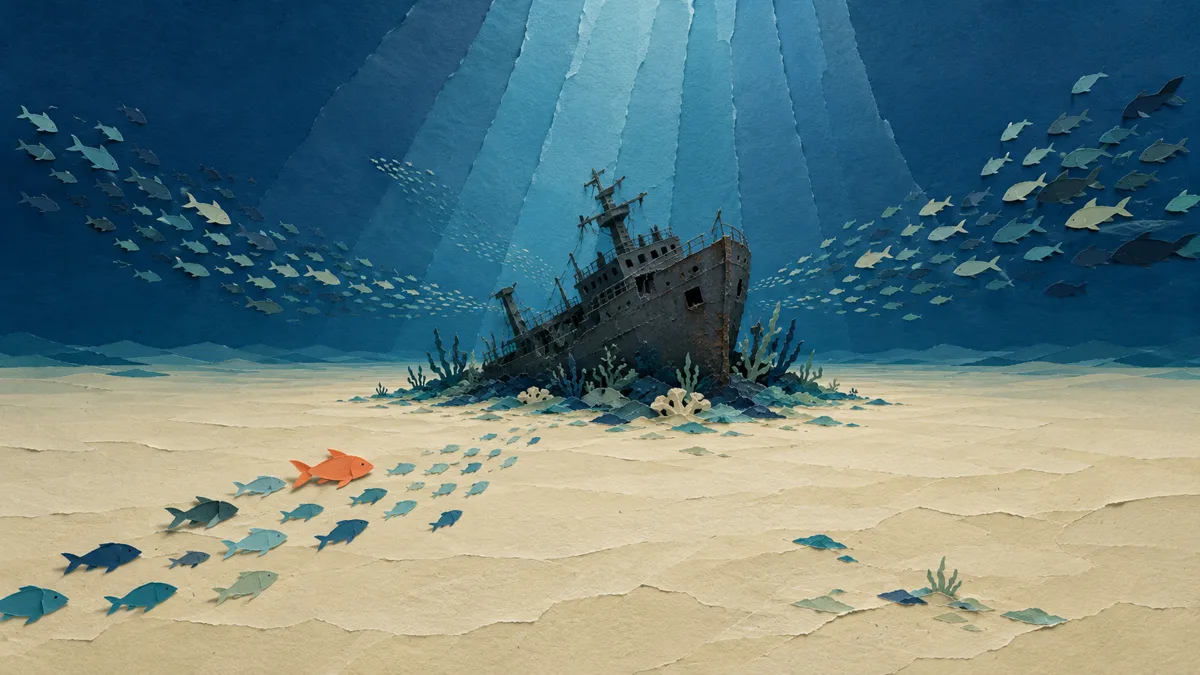 Illustrazione papercut di un relitto scuro isolato al centro di una distesa piatta di sabbia chiara, con banchi di pesci che convergono verso di esso dal mare vuoto