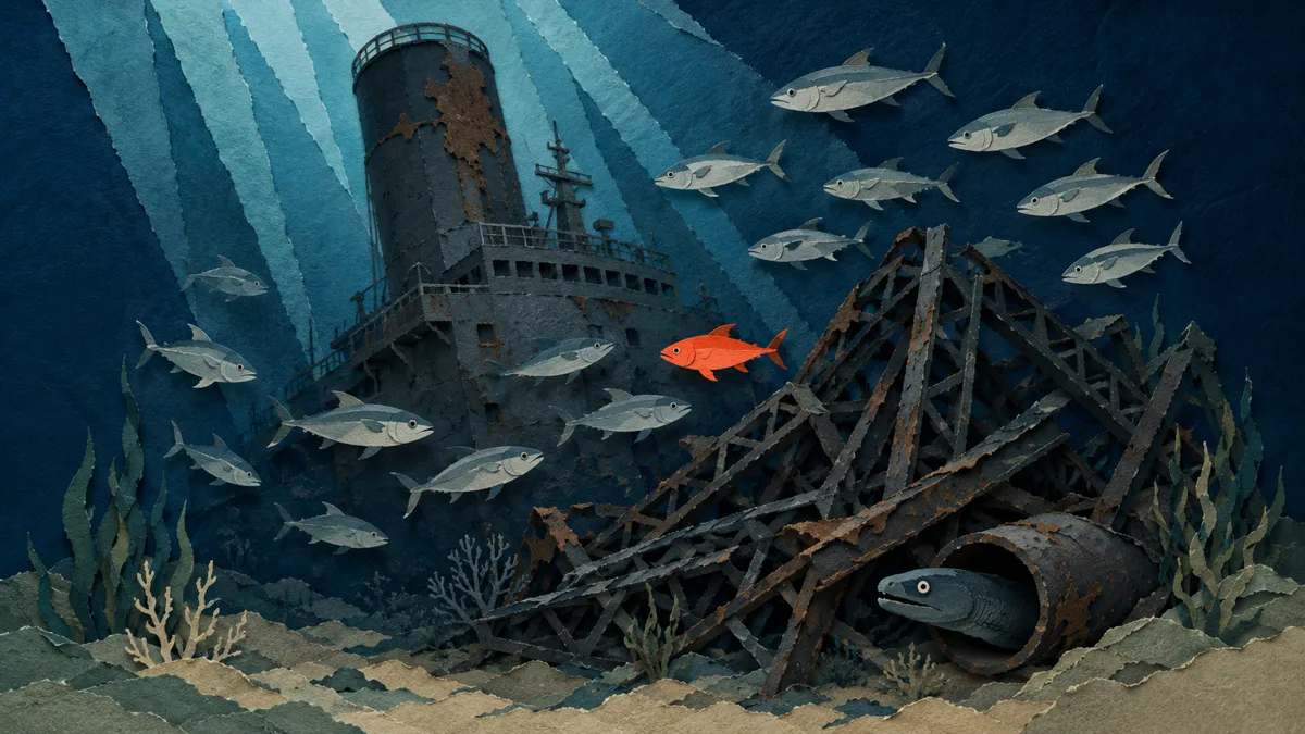 Illustrazione papercut del fumaiolo e della plancia di una grande petroliera affondata che emergono dall'acqua blu profonda, con ricciole argentee intorno e la testa di un grongo che sbuca da un tubo