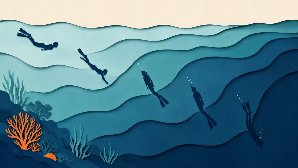 Illustrazione papercut di una serie di immersioni ripetute rappresentate come sagome allineate che scendono sempre piu' in profondita'