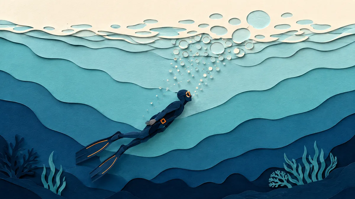 Illustrazione papercut in sezione di un subacqueo in risalita negli ultimi metri, con la superficie luminosa sopra di lui