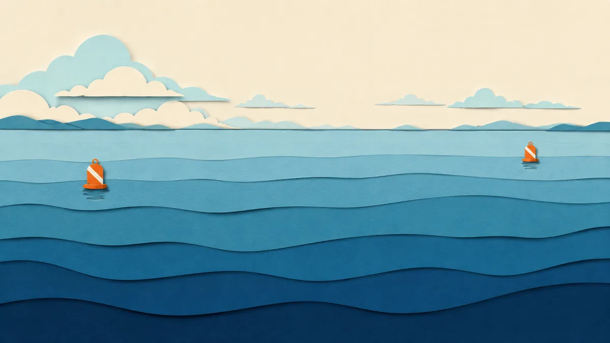 Illustrazione papercut di due boe segnasub molto distanti fra loro su un mare ampio e vuoto