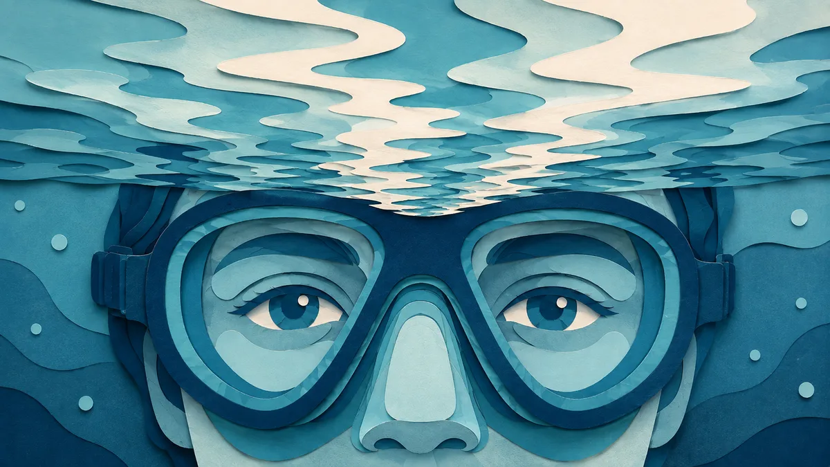 Illustrazione papercut del viso di un subacqueo appena sotto la superficie, con l'acqua che gli lambisce la fronte e il naso