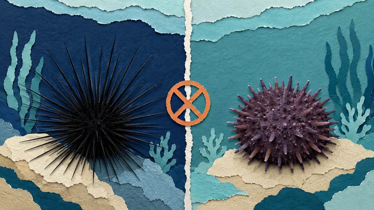 Illustrazione papercut di due ricci di mare accostati, uno nero e uno viola, con un cartellino «maschio o femmina?» barrato