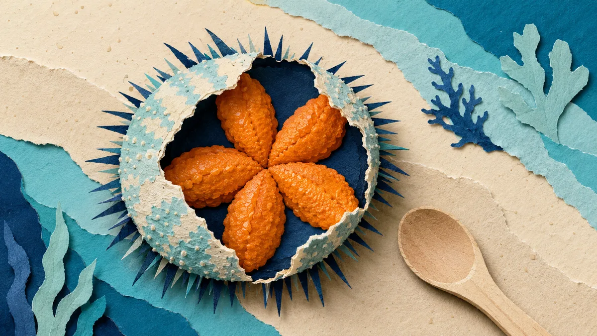 Illustrazione papercut di un riccio di mare aperto a metà con le cinque lingue di gonade arancione a stella