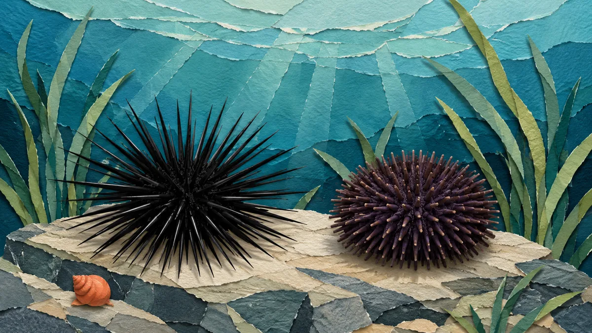 Confronto papercut tra Arbacia lixula nero con aculei lunghi e Paracentrotus lividus viola con aculei più corti su uno scoglio