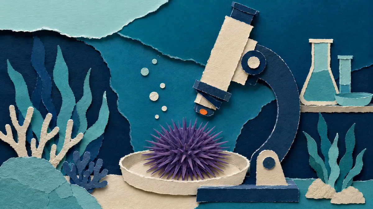 Illustrazione papercut di una lente d'ingrandimento su un riccio di mare, stile laboratorio marino