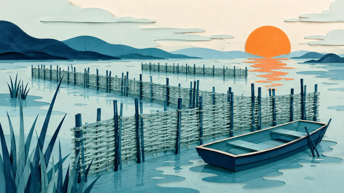 Illustrazione papercut di barriere di canne che attraversano una laguna salmastra al tramonto, con una barca piatta accanto