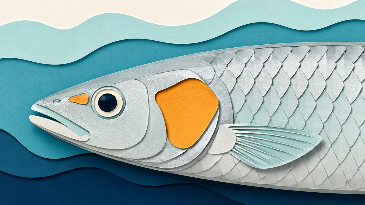Illustrazione papercut della testa di un cefalo dorato con una larga macchia dorata sull'opercolo