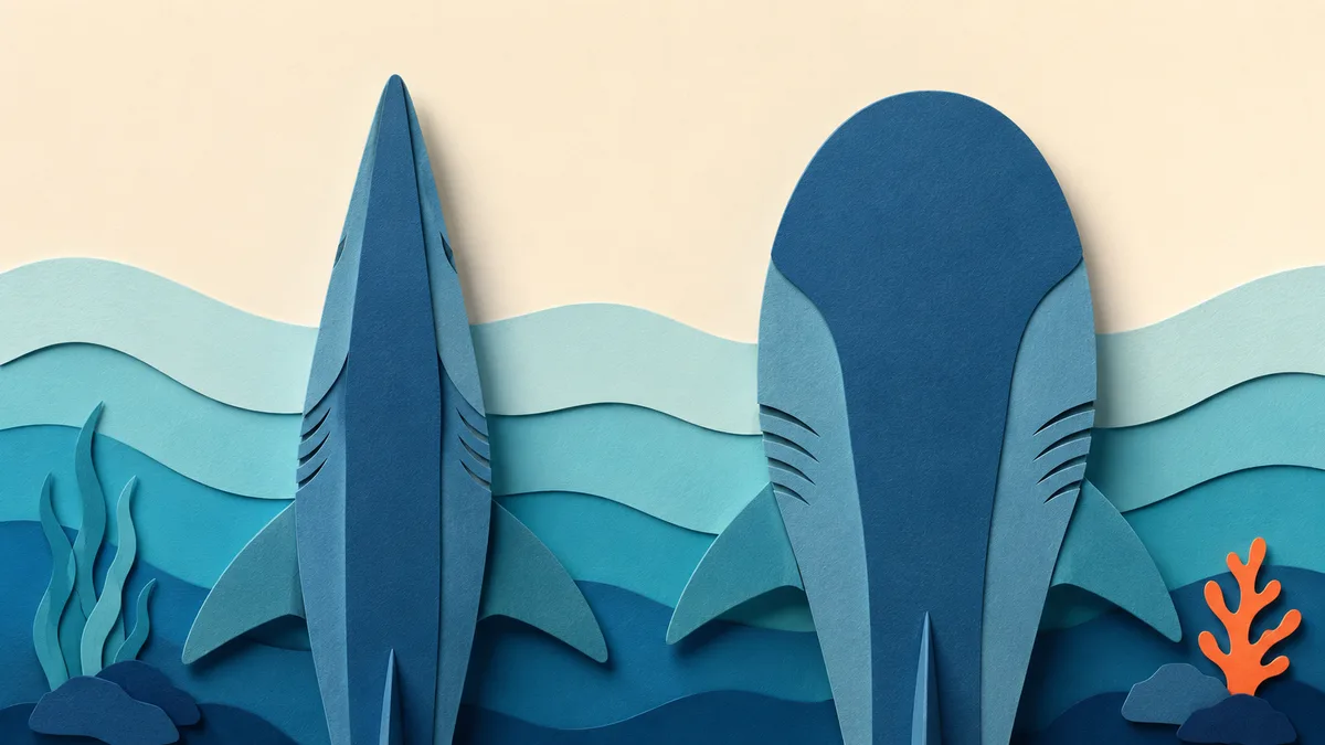 Illustrazione papercut di due musi di squalo a confronto, uno lungo e affusolato e uno parabolico e arrotondato