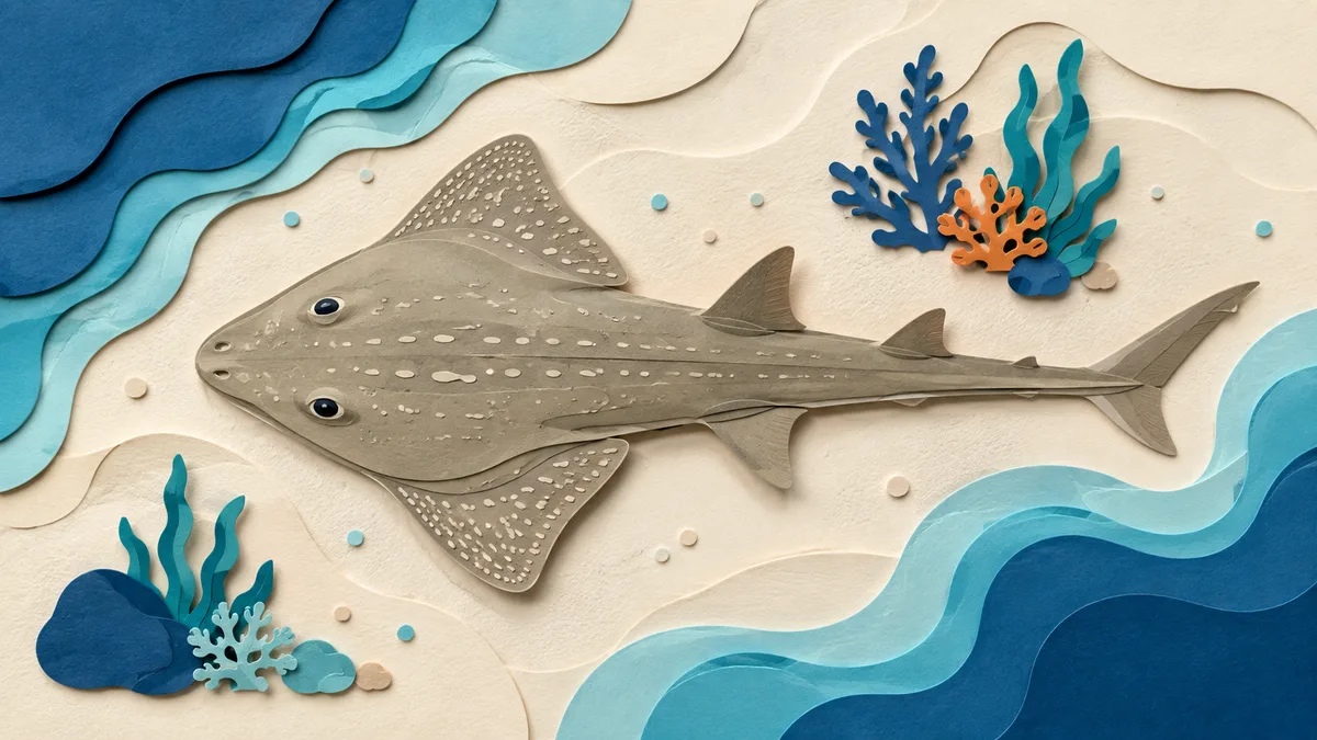 Illustrazione papercut di un pesce chitarra dal corpo appiattito appoggiato sulla sabbia, visto dall'alto