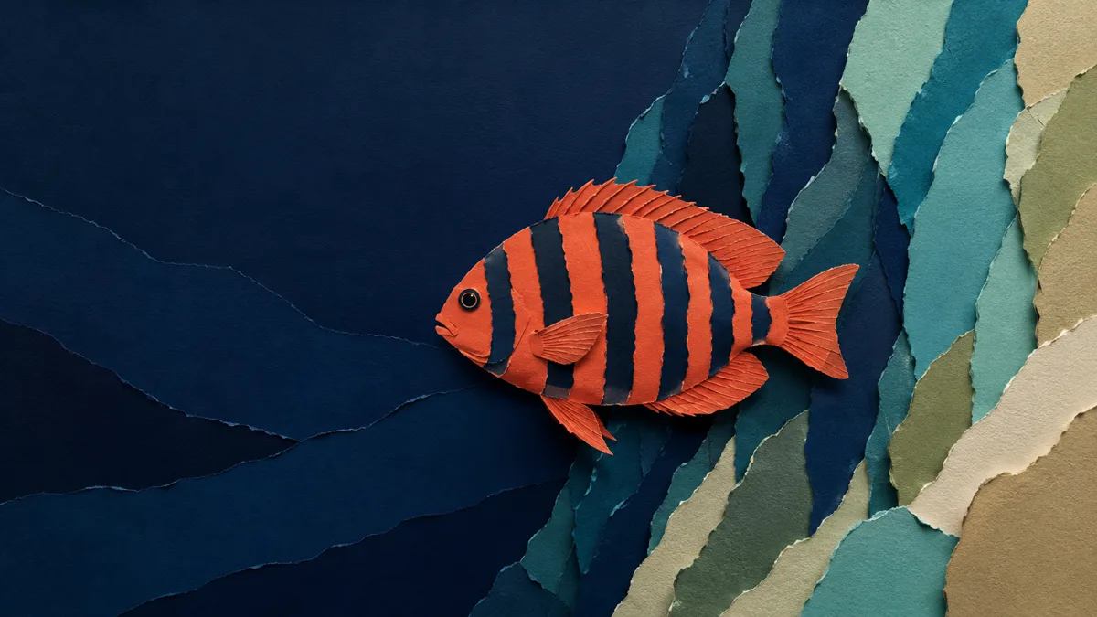 Illustrazione papercut di un grande sarago faraone con cinque bande scure larghe che scendono quasi fino al ventre, su una parete rocciosa profonda