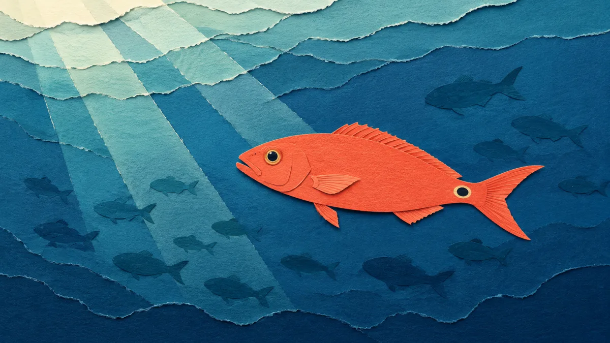 Illustrazione papercut di un'occhiata dal corpo affusolato con coda forcuta e macchia scura bordata di bianco sul peduncolo caudale, in banco a mezz'acqua