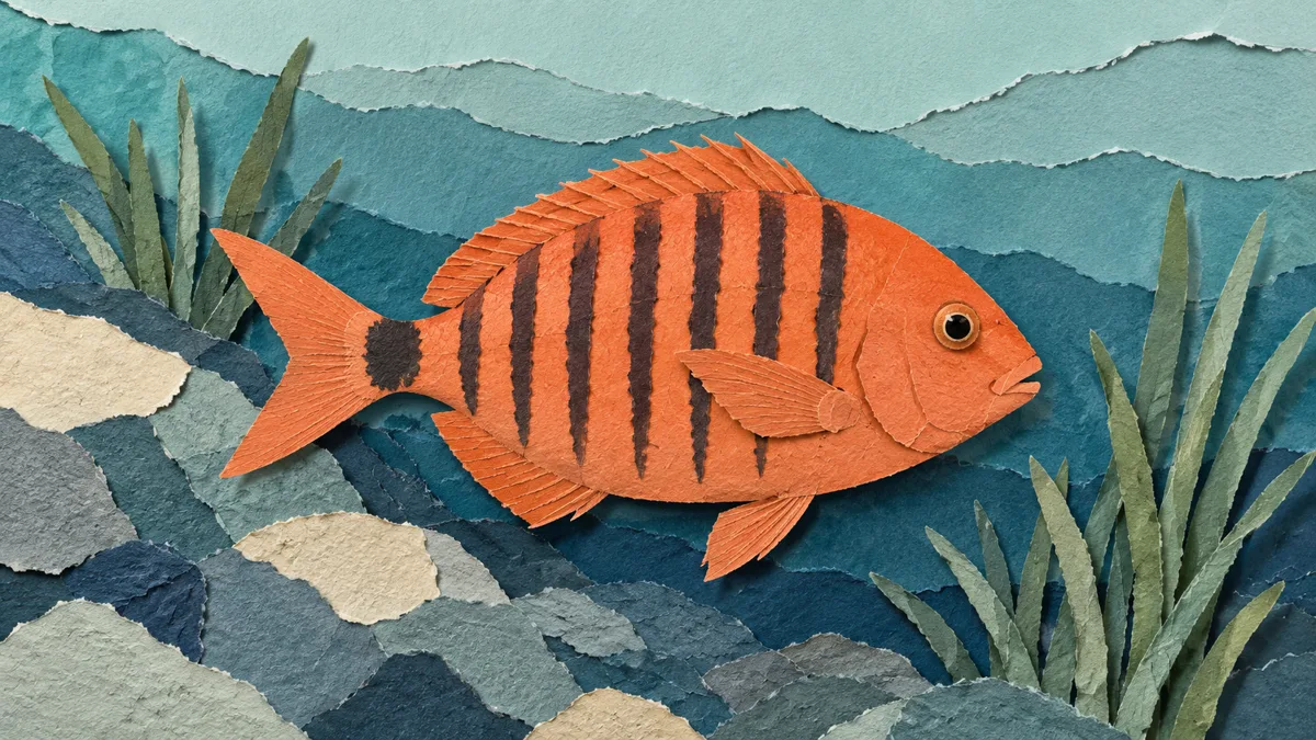 Illustrazione papercut di un sarago maggiore con nove barre verticali sul fianco e la sella scura sul peduncolo caudale, su fondale roccioso con posidonia