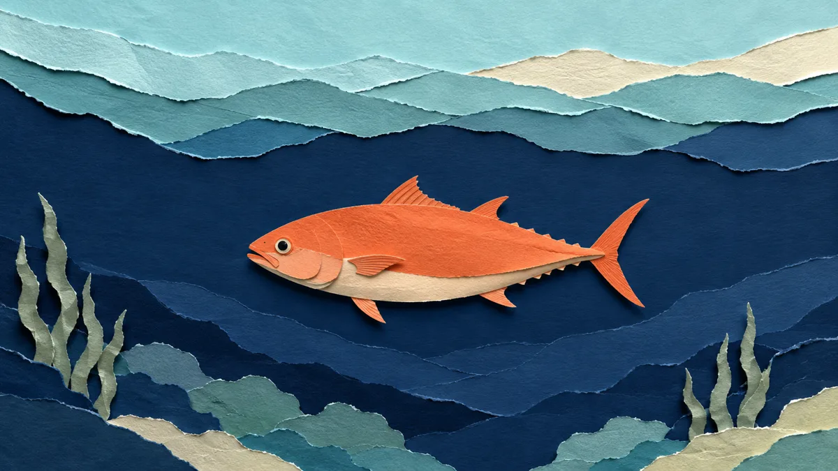 Illustrazione papercut di una palamita bianca dal corpo tozzo e dorso blu uniforme senza strisce né macchie, ventre pallido, in acqua blu aperta
