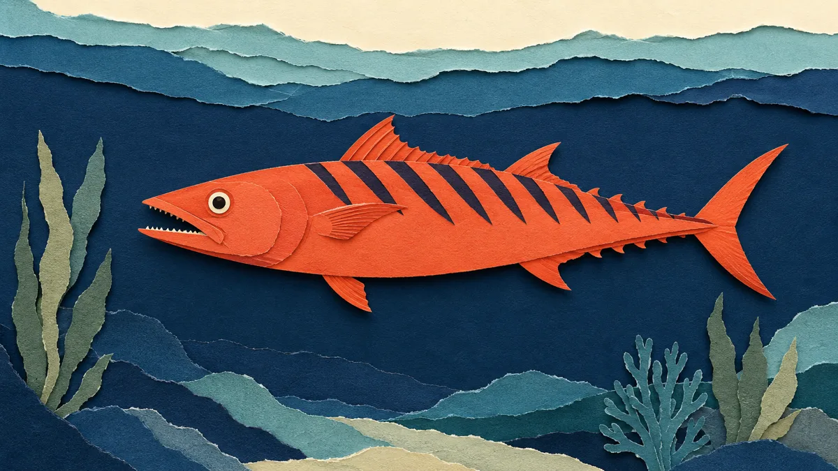 Illustrazione papercut di una palamita affusolata con numerose strisce oblique scure sul dorso e bocca grande con denti visibili, in acqua blu costiera