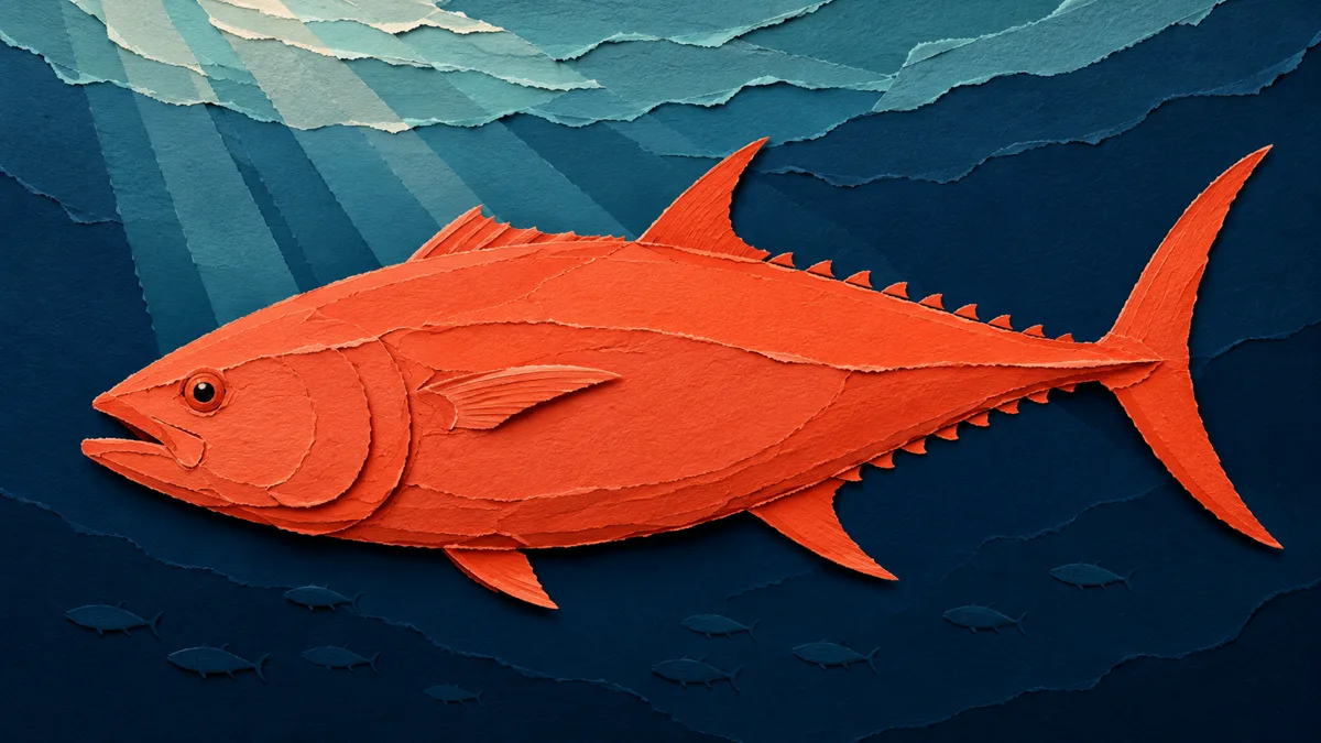 Illustrazione papercut di un enorme tonno rosso dal corpo massiccio e pinne pettorali corte, con le pinnule gialle lungo il dorso, in acqua blu profonda