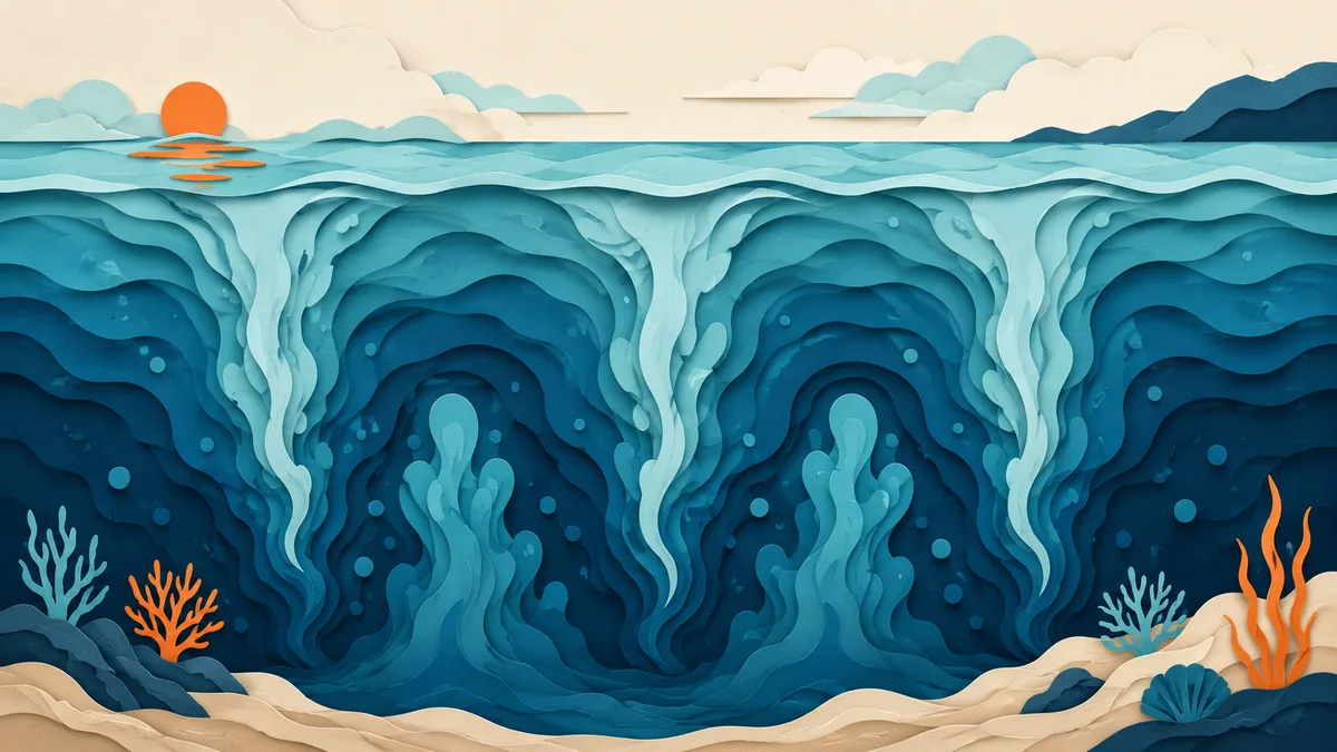 Illustrazione papercut di masse d'acqua superficiale che sprofondano lungo la colonna mentre altra acqua risale dal basso