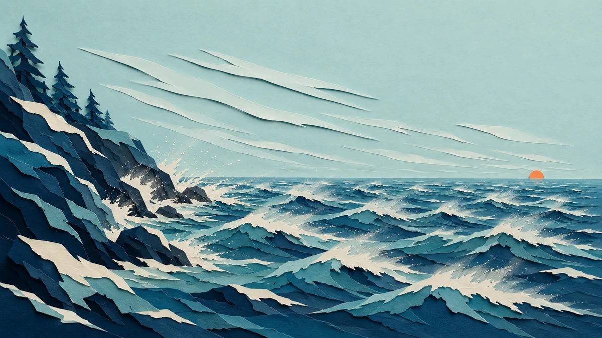 Illustrazione papercut di vento forte da terra che spazza un mare increspato sotto un cielo invernale limpido