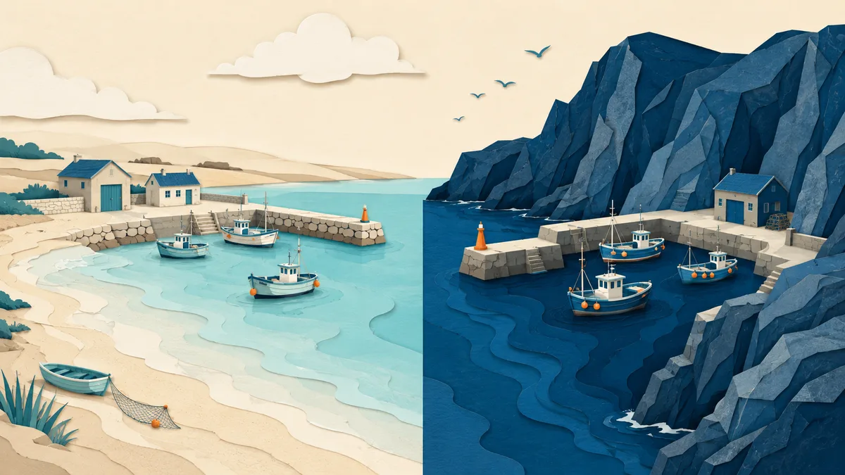 Illustrazione papercut di due porti affiancati, uno su fondale basso e uno su costa profonda, con il mare di tonalita' diversa