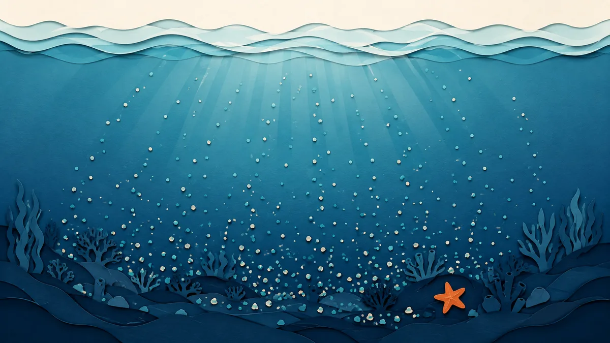Illustrazione papercut in sezione del mare profondo con particelle nutritive che risalgono dal fondo verso la superficie