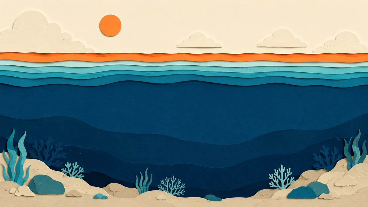 Illustrazione papercut in sezione della colonna d'acqua estiva, con un sottile strato caldo in superficie e il gradino del termoclino sotto
