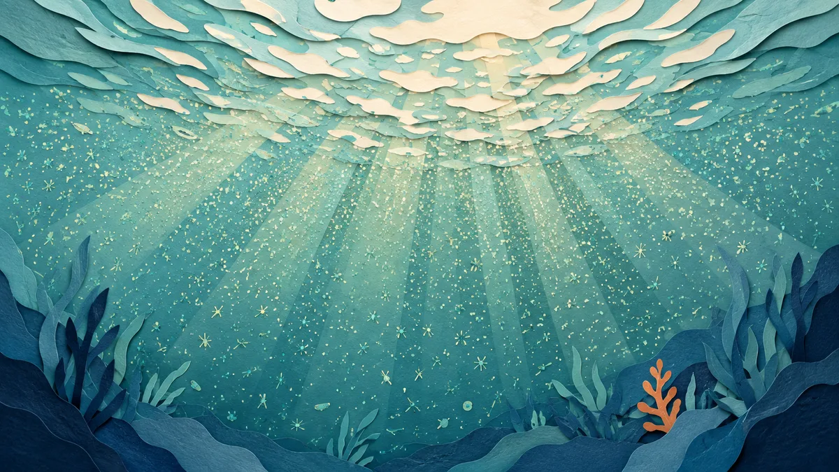 Illustrazione papercut della superficie del mare che vira verso tonalita' verdi con la luce primaverile che filtra