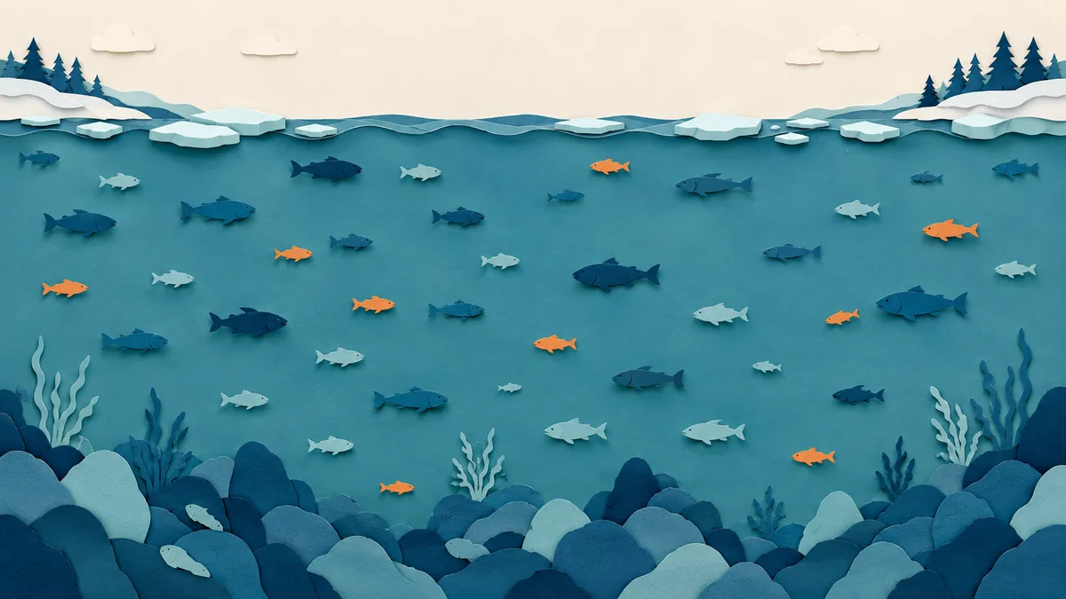 Illustrazione papercut di pesci distribuiti a profondita' diverse lungo tutta la colonna d'acqua invernale