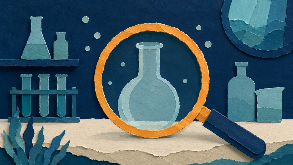 Illustrazione papercut di una lente d'ingrandimento che osserva una boccetta da laboratorio completamente vuota