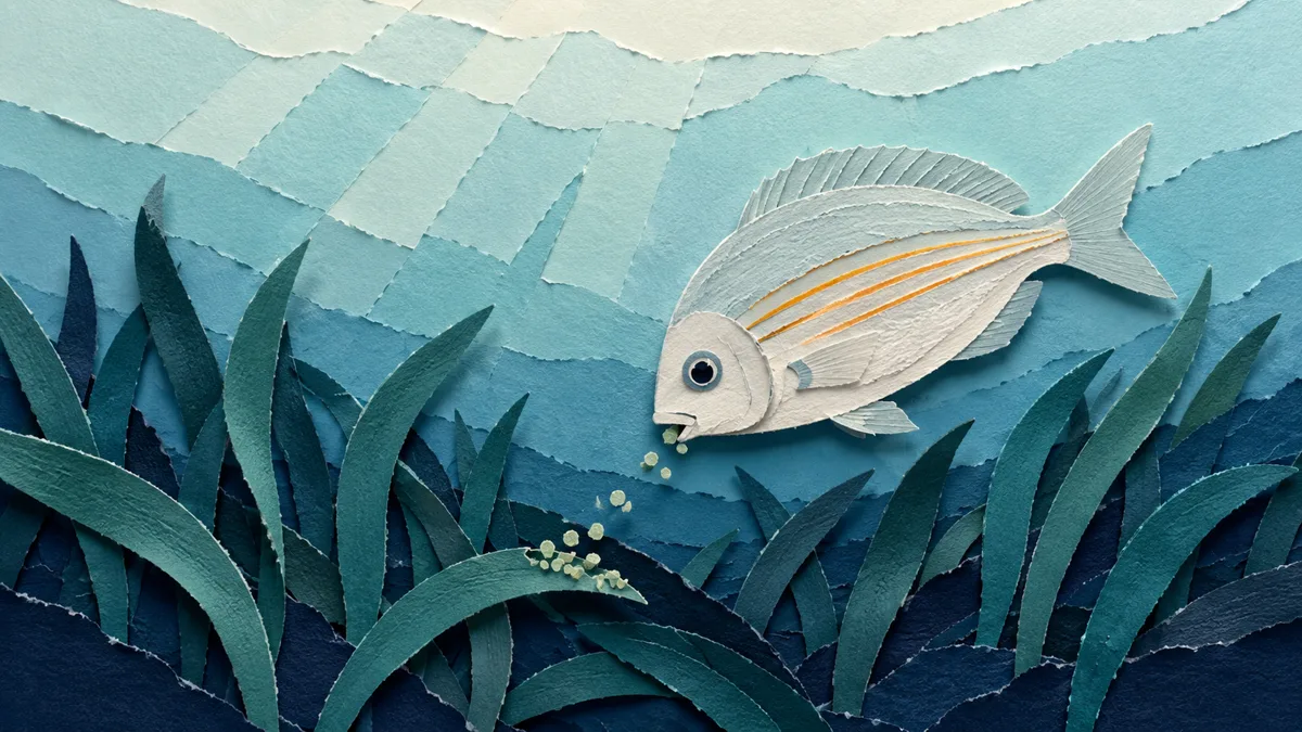 Illustrazione papercut di una salpa che bruca alghe su una prateria di posidonia, con una piccola scia che sale dalla foglia al pesce