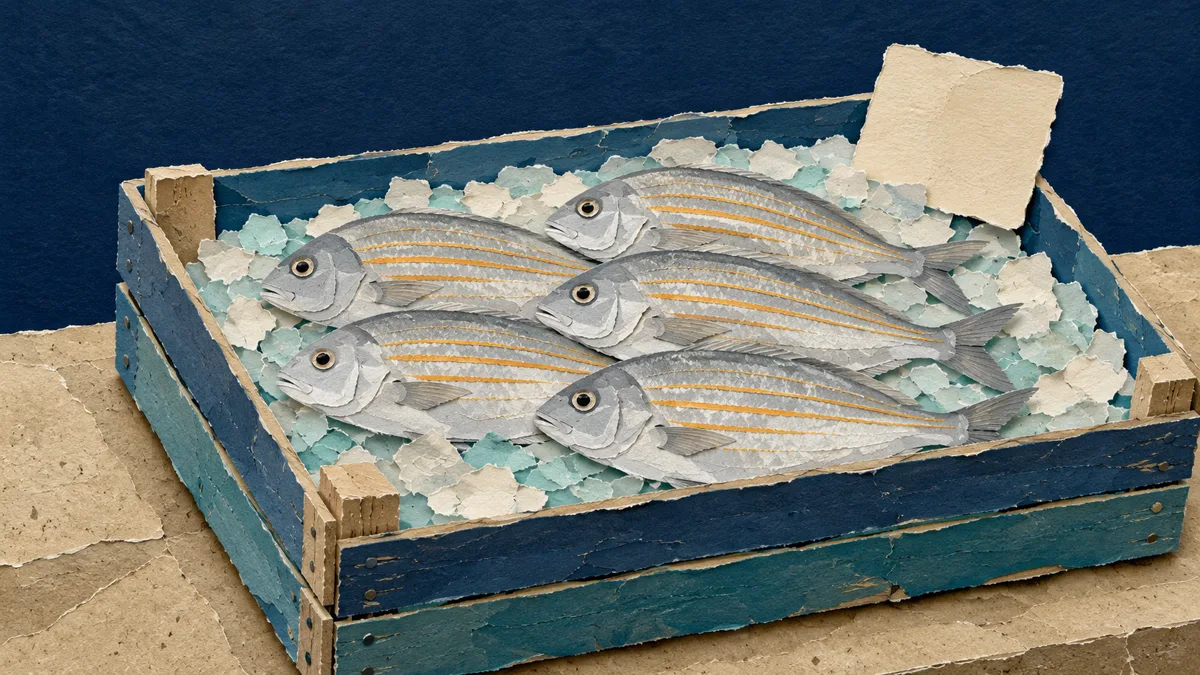 Illustrazione papercut di una cassetta del mercato del pesce piena di salpe dalle righe dorate adagiate sul ghiaccio