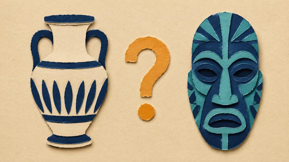 Illustrazione papercut di un'anfora romana e una maschera cerimoniale affiancate, con un punto interrogativo di carta che le attraversa