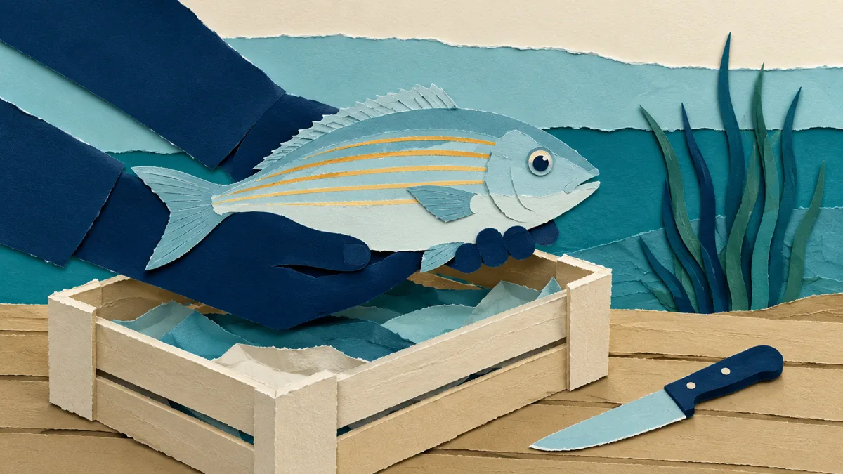 Illustrazione papercut di due mani in sagoma che reggono una salpa dalle righe dorate sopra una cassetta di legno, con un coltello pronto accanto