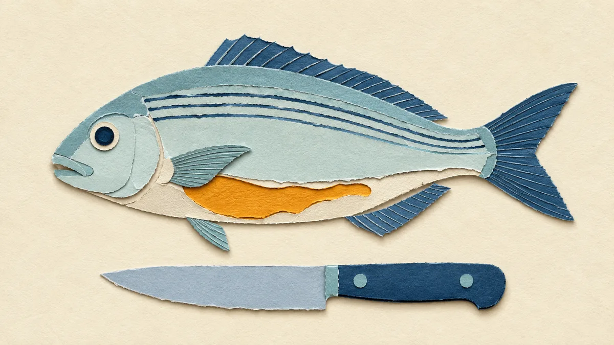 Illustrazione papercut di una salpa divisa in due parti, con la zona del ventre segnata da un accento acceso e il filetto in tinta neutra