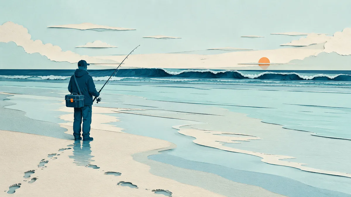 Pescatore sulla battigia con mare calmo davanti e una seconda serie di onde che si rialza all'orizzonte