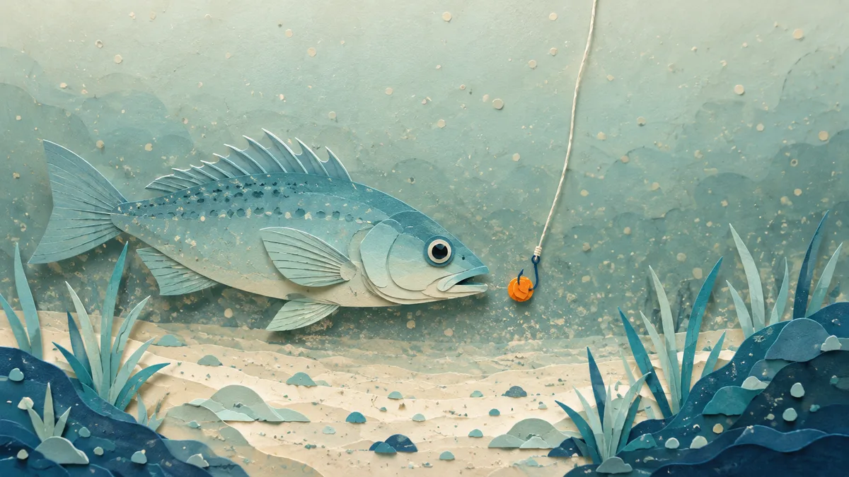Pesce che si avvicina all'esca da pochi centimetri in acqua carica di sedimento