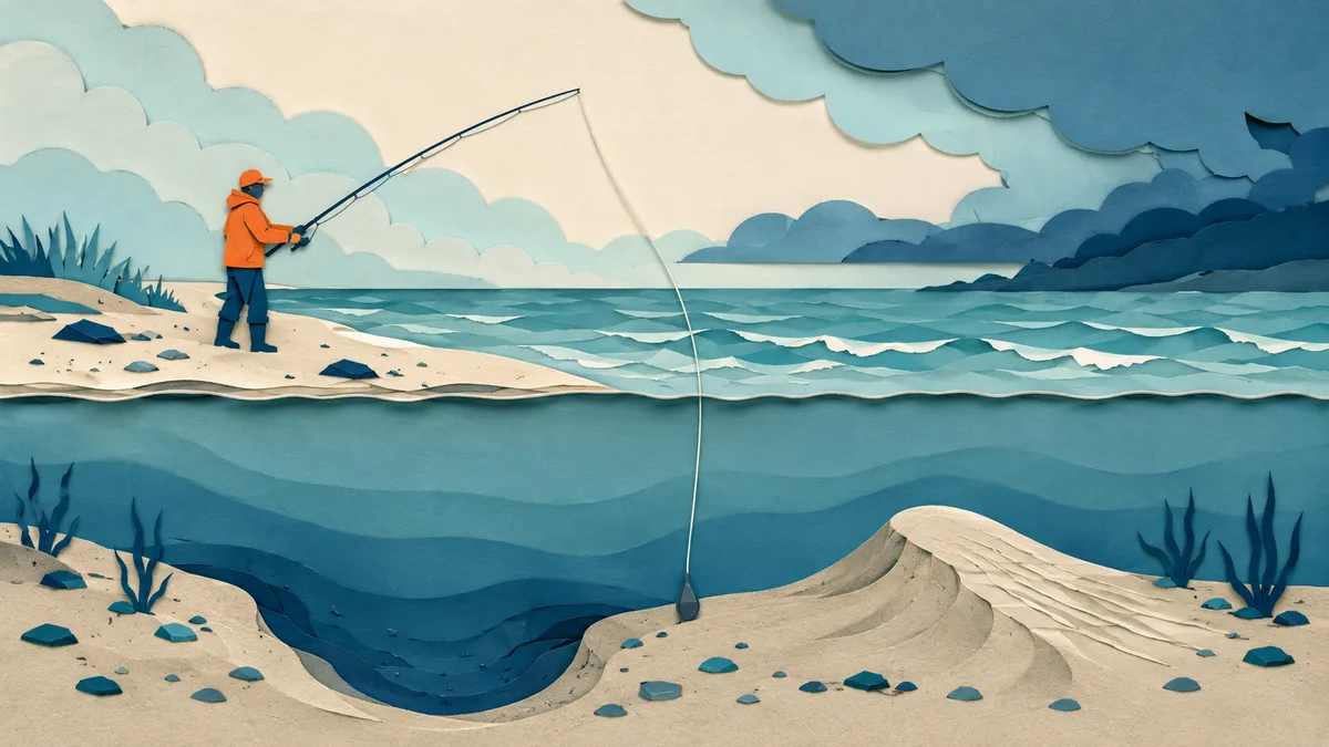 Pescatore che sonda il fondo col piombo mentre sotto il pelo dell'acqua si vedono una buca scavata e una barra nuova