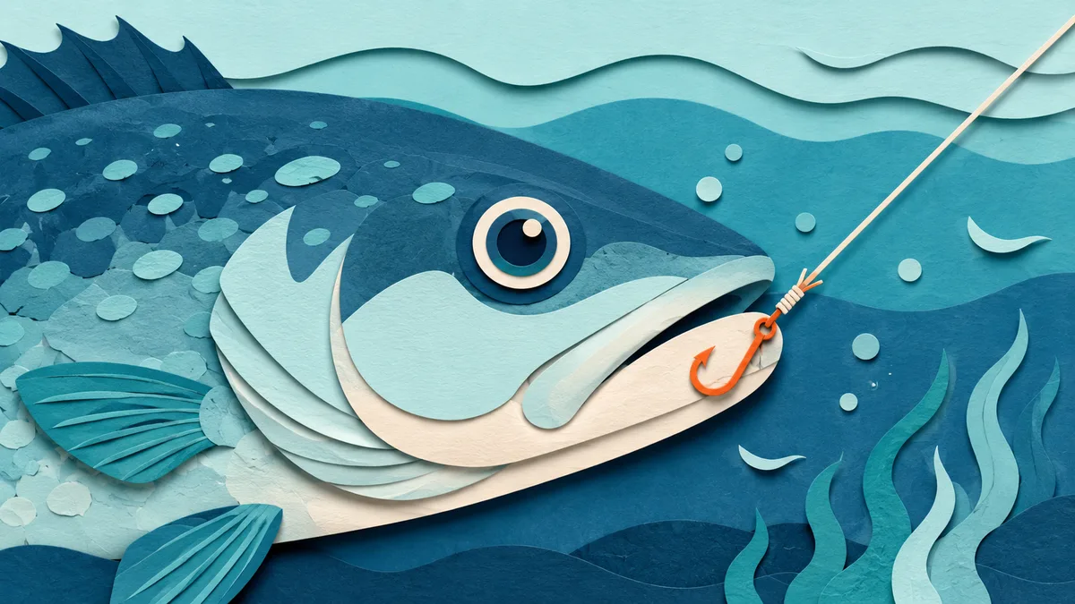 Illustrazione papercut della testa di un pesce con l'amo agganciato all'angolo della bocca, visto di profilo