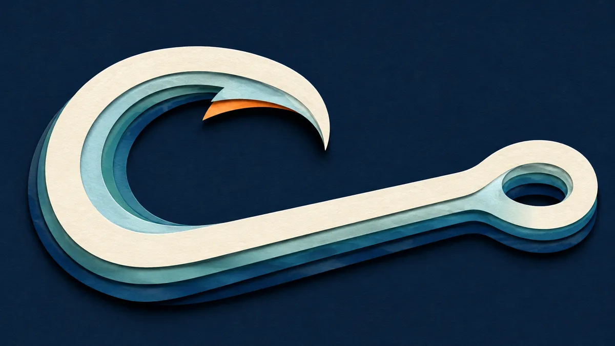 Illustrazione papercut ravvicinata di un amo circolare con la punta ricurva verso l'interno