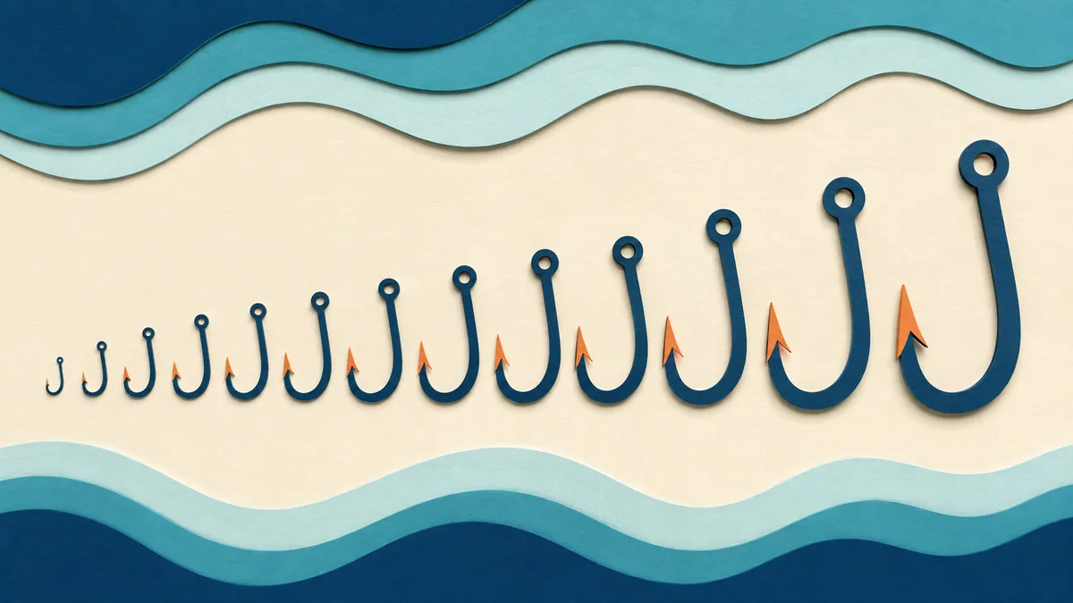 Illustrazione papercut di una fila di ami di dimensioni crescenti disposti su un piano, senza etichette