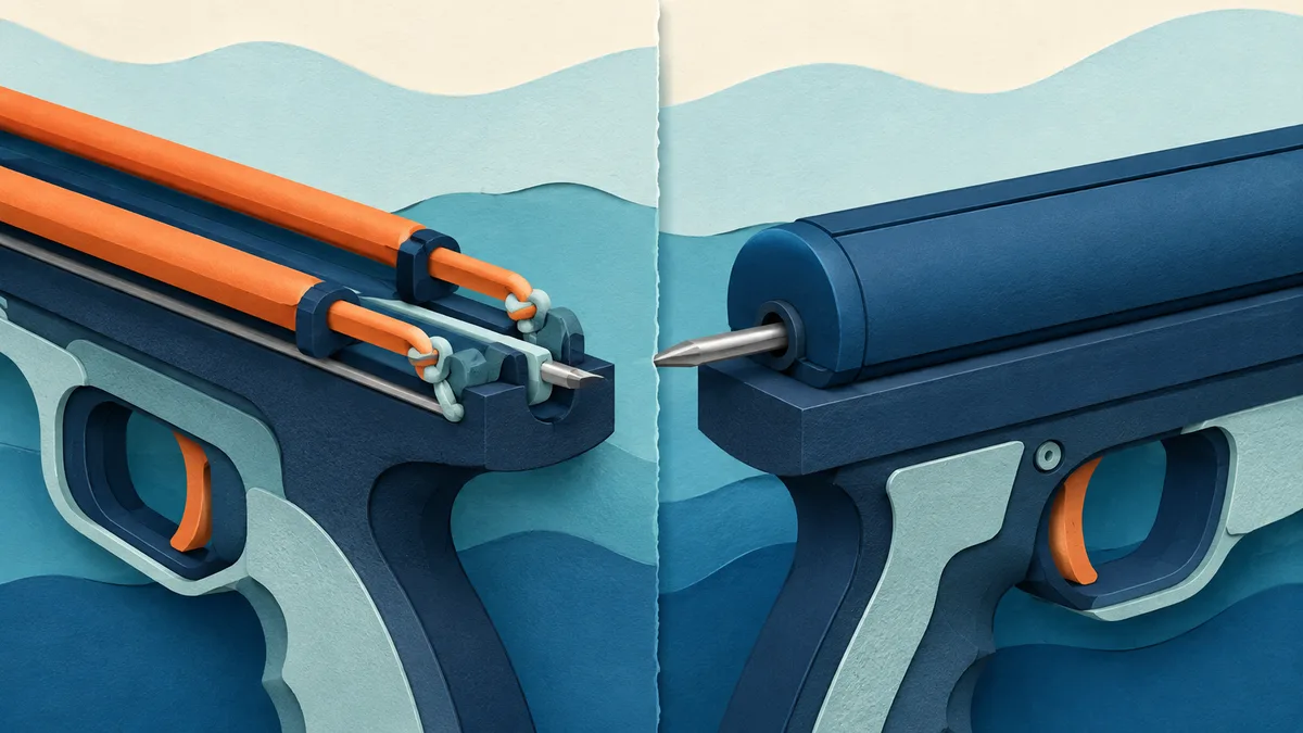 Illustrazione papercut ravvicinata di due meccanismi a confronto, uno con elastici e uno con canna in pressione