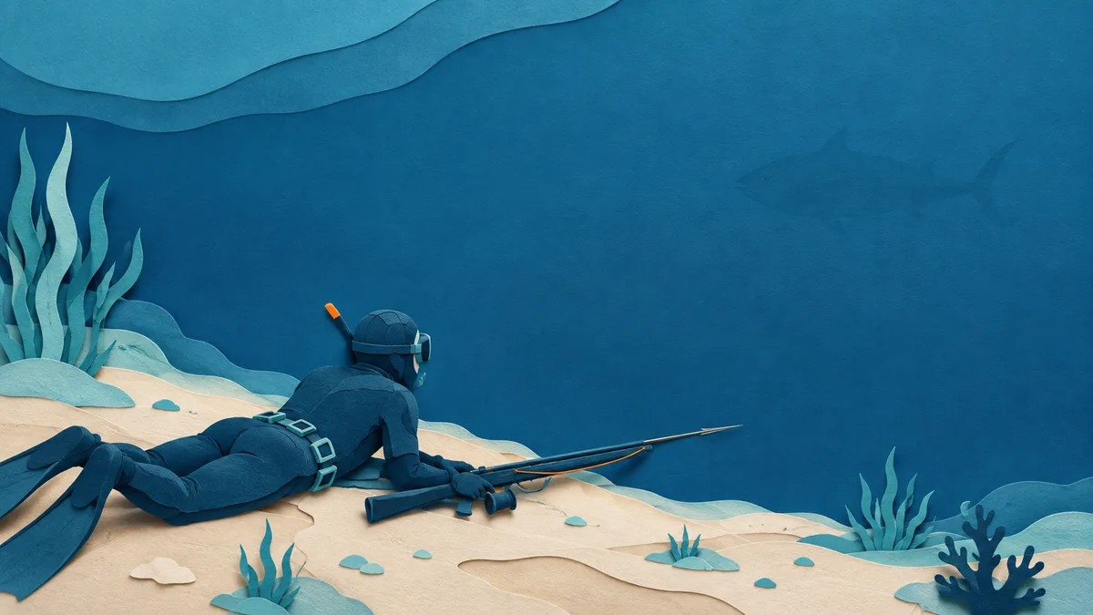 Illustrazione papercut di un subacqueo fermo sul fondo in acqua aperta che guarda verso il blu con un fucile lungo