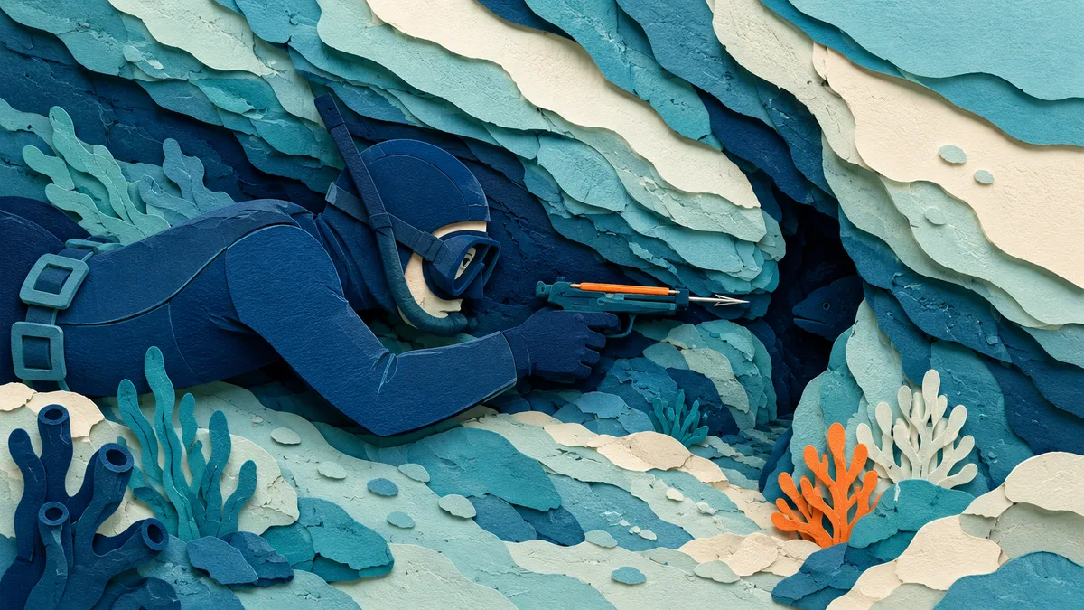 Illustrazione papercut di un subacqueo che punta un fucile corto dentro un anfratto roccioso stretto