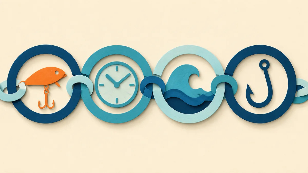 Illustrazione papercut di una catena stilizzata i cui anelli contengono piccole icone di esca, orologio, onda e amo