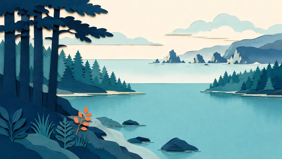 Illustrazione papercut di un lago d'acqua dolce con canne e sponda boscosa, in contrasto con una costa marina all'orizzonte